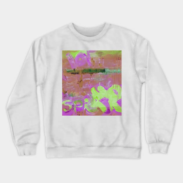 Seaside, surf, sea coast, soft wave. Modern abstract colorful painting with hand-painted texture. Oil on canvas. Terracotta-pink-green painting with splashes, drops of paint, paint smears, letters. Design for the  fabric, wallpapers, covers and packaging. Crewneck Sweatshirt by Olesya Pugach